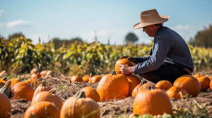 A farmer harvesting ripe pumpkins in a field, with clear space around the pumpkins for text overlay - Powered by Adobe