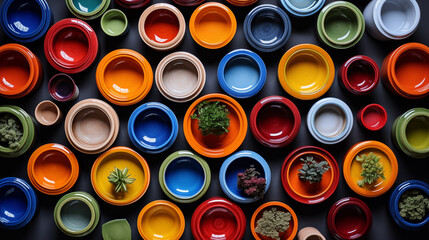 A collection of colorful ceramic pots arranged in a circle, leaving a clear space in the center for typography