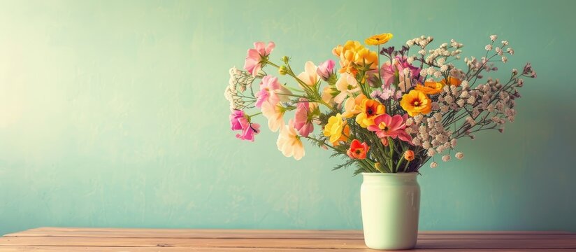 Vintage filtered image of a spring flower arrangement placed on a wooden table against a mint background.