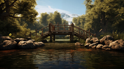 A rustic wooden bridge spanning a tranquil river, with the bridge forming a central focal point for...