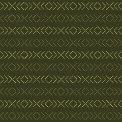 hand drawn squares and crosses. folk decorative art. green repetitive background. vector seamless pattern. geometric fabric swatch. wrapping paper. textile design template