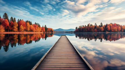 A serene lake reflecting the colors of autumn, with a wooden pier extending towards the center,...