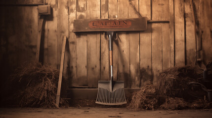 An old-fashioned wooden rake leaning against a barn wall, with the rake forming a frame around the typography area