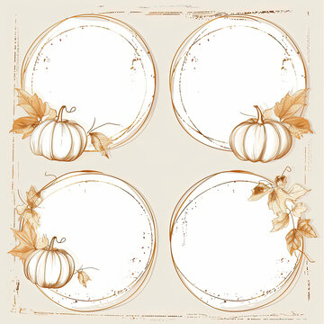 a image of a set of four round frames with pumpkins and leaves