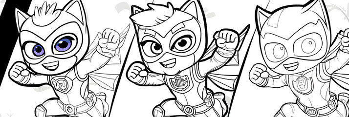 Action-packed PJ Masks Trio Ready for Coloring: Catboy, Owlette, and Gekko Outline Illustration - obrazy, fototapety, plakaty