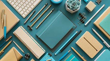 Gold and teal office supplies arranged on a blue background. - obrazy, fototapety, plakaty