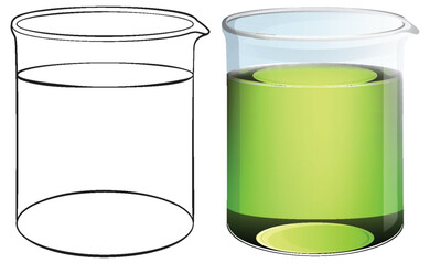 Outlined and colored beakers with green liquid