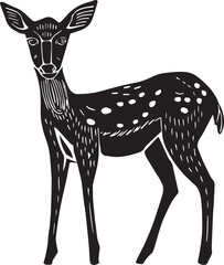 A black and white graphic illustration depicting a delicate fawn with dotted fur, standing alert and graceful.
