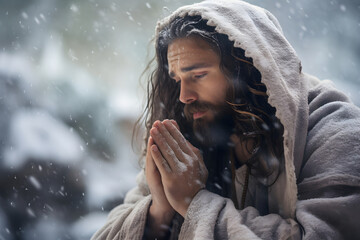 A man with long hair and a beard kneels in prayer amidst a snowy landscape.
