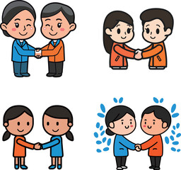 A colorful illustration displaying four pairs of characters in different outfits and colors, each pair shaking hands in a friendly greeting.
