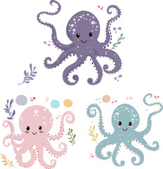 A charming collection of cartoon octopuses in pastel hues, complete with beaming smiles and surrounded by whimsical seaweed and bubbles.
