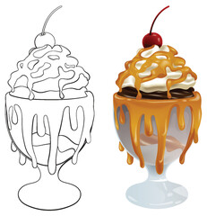 Vector illustration of a caramel sundae with cherry