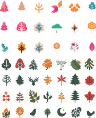 A vibrant set of forest-themed icons, each capturing the essence of different seasons through stylized trees, leaves, animals, and weather conditions.
