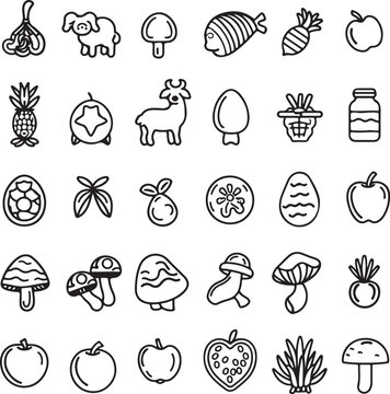 A clean set of line art icons featuring various food items and elements from nature, drawn with a monoline style for a modern and minimalistic look.
