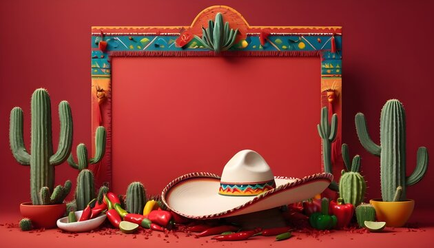3D Mexican themed Cinco de Mayo sombrero, cacti, maracas background