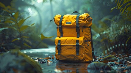 A yellow backpack sits on the edge of a river in the jungle.