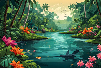 Envision a tranquil waterway winding its way through the lush foliage of the tropical forest, with vibrant flowers blooming along the banks and exotic birds soaring vector art illustration image.
