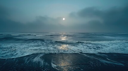 A tranquil seascape of gently rolling waves and distant horizons, illuminated by the soft glow of the moonlight. - obrazy, fototapety, plakaty