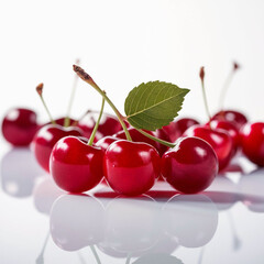Cherry isolated. Sour cherries with leaf on white background. Sour cherri on white. Full depth of field.