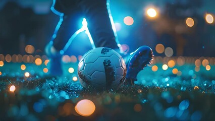 Teenagers foot kicking a soccer ball on rain saturated ground backlit by floodlights. Pushing shot in slow motion freezing the action. - Powered by Adobe