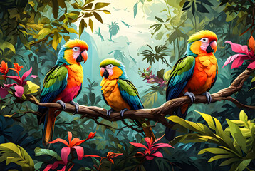 Imagine a colorful array of tropical birds perched among the branches of towering trees in a vector art illustration image.

