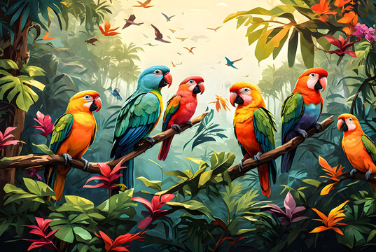 Imagine a colorful array of tropical birds perched among the branches of towering trees in a vector art illustration image.
