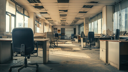 A picture of an empty office space with abandoned desks and chairs, representing job losses and business closures
