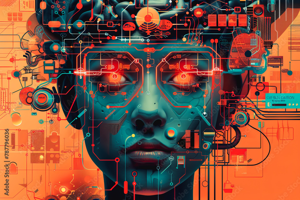 Poster an illustration of a person's brain with ai related concepts integrated into the neural network.