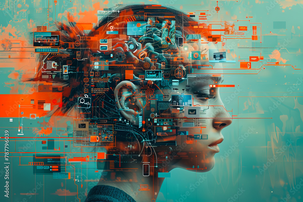 Poster an illustration of a person's brain with ai related concepts integrated into the neural network.
