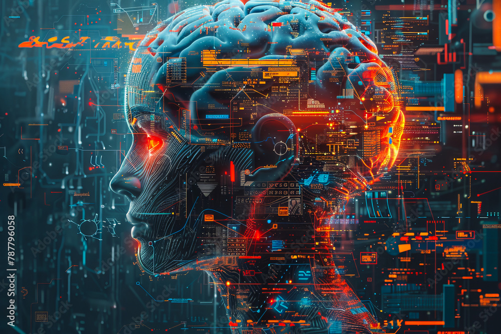 Aufkleber an illustration of a person's brain with ai related concepts integrated into the neural network.