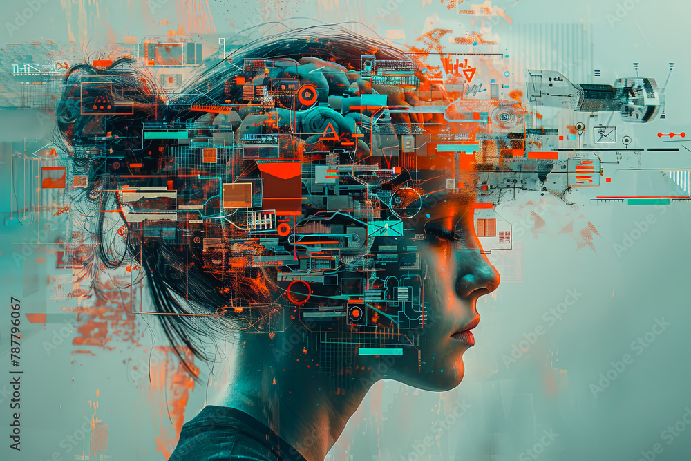 Poster an illustration of a person's brain with ai related concepts integrated into the neural network.
