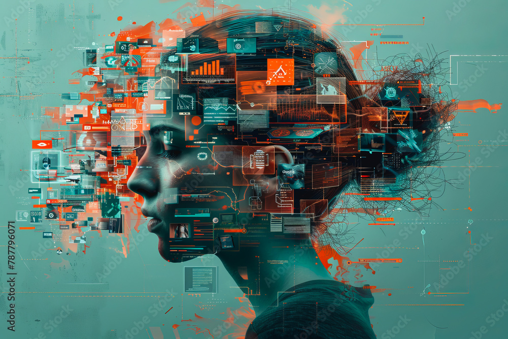 Poster an illustration of a person's brain with ai related concepts integrated into the neural network.