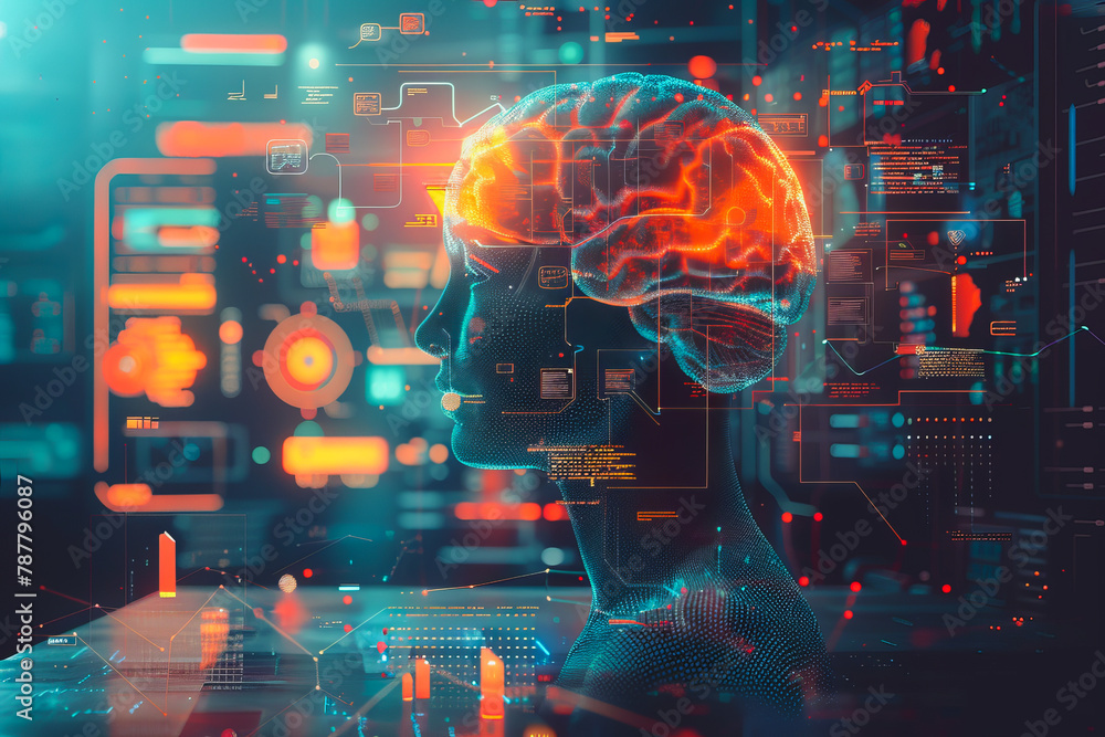 Poster an illustration of a person's brain with ai related concepts integrated into the neural network.