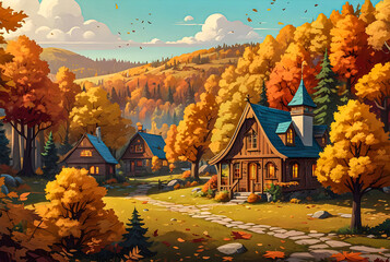 Imagine a whimsical autumn forest scene with vibrant trees adorned in golden leaves, cute woodland...