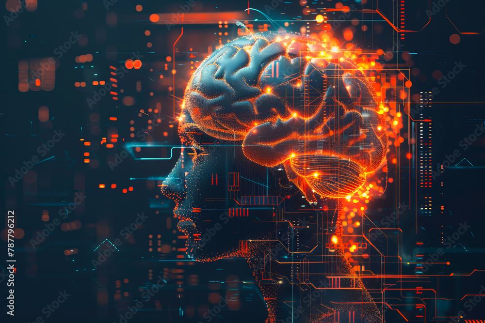 Aufkleber an illustration of a person's brain with ai related concepts integrated into the neural network.