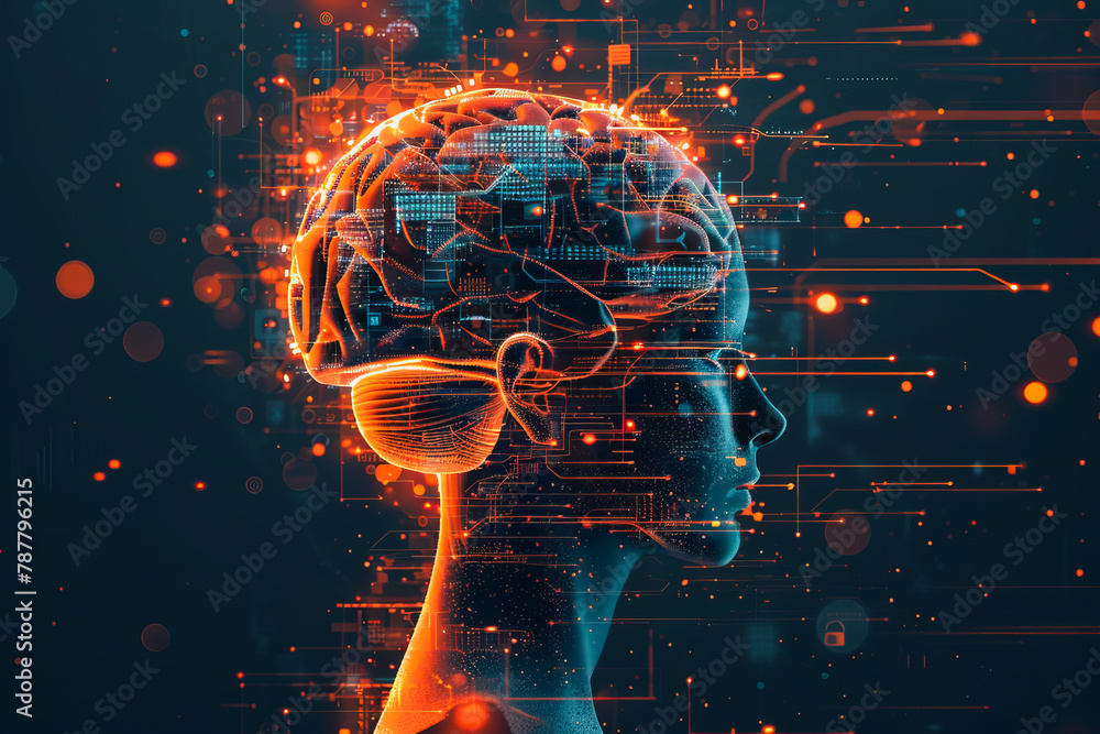 Poster an illustration of a person's brain with ai related concepts integrated into the neural network.