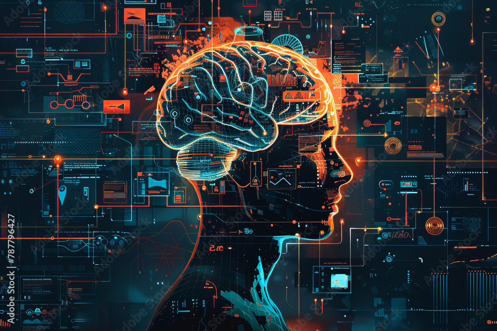 Poster an illustration of a person's brain with ai related concepts integrated into the neural network.