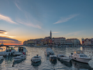 Sunset view in Rovinj,  an ancient town in Croatia.