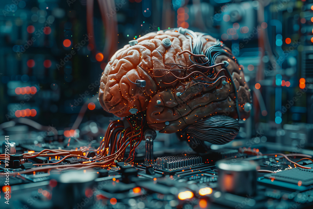 Aufkleber an illustration of a person's brain with ai related concepts integrated into the neural network.