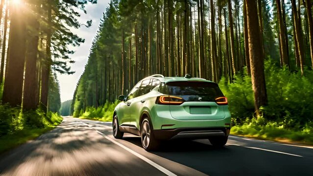Eco car on forest road with earth planet going through forest, Ecosystem ecology healthy environment road trip travel, Eco car with nature, Electric car and earth EV electrical energy for environment