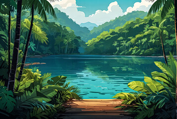 A breathtaking vista overlooking the lush greenery of the tropical forest as it meets the azure waters of the ocean vector art illustration image.


