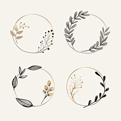 a close up of four circular frames with leaves and berries