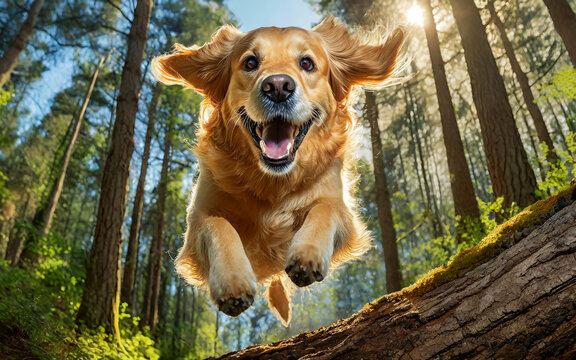 a Golden Retriever jumps at full speed over a tree trunk in the forest, AI generated