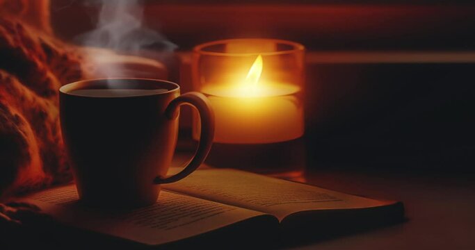 candlelight, you can sit and sip a warm steam cup of coffee and read a book by the window while watching the snowfall,Christmas scenery,Seamless looping video animation background