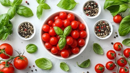   A white bowl overflowing with tomatoes Nearby, small white bowls hold green leaves and another set, red and black seeds