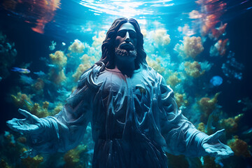 Underwater sculpture of jesus christ with arms outstretched among corals