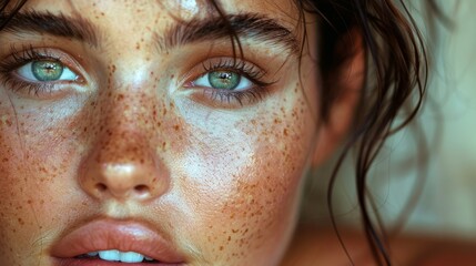   A close-up of a woman's face with freckled skin on her cheeks and hazel eyes dotted with freckles