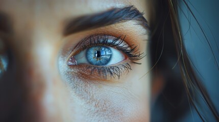   A tight shot of a woman's blue eye, adorned with eyeshadow, and long hair cascading above her head - obrazy, fototapety, plakaty