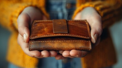   A woman holds a brown wallet in one hand and a yellow card case in the other - obrazy, fototapety, plakaty