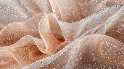   A close-up of a sheer fabric displays small white dots scattered both at the top and bottom - obrazy, fototapety, plakaty